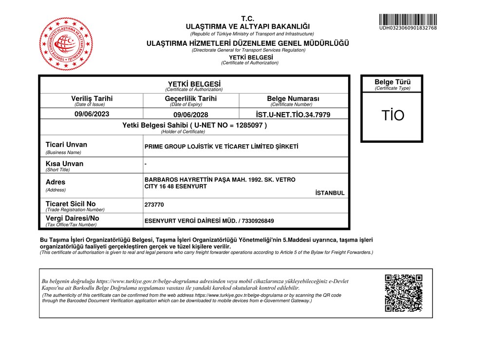Prime Group Logistics — Certificate of Authorization (TİO), valid through 2028